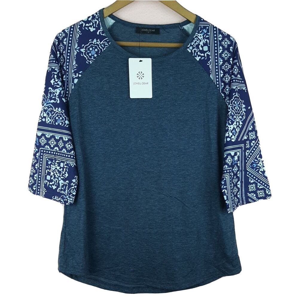 NEW Loveu.dear Women Knit Top Blue 3/4 Sleeve Stretch Combo Fabric Size L